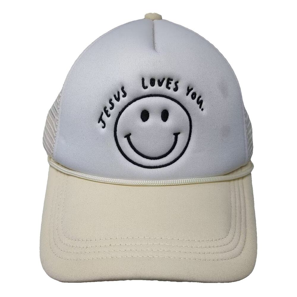 Jenessa Wait Trucker Hat Beige White One Size Jesus Loves You Smiley Face Cap